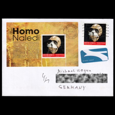 Sramp of Homo naledi on used cover from South Africa