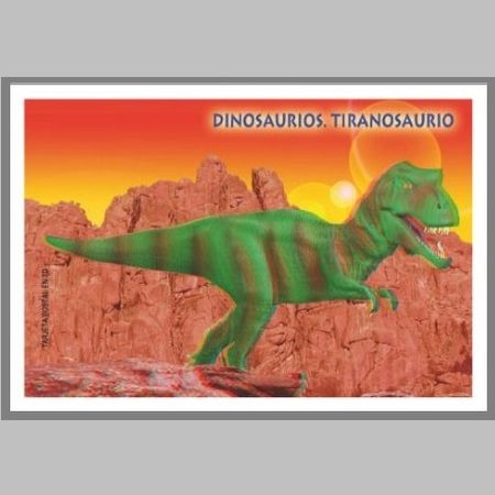 Postcards of Spain 2015 with Tyrannosaurus dinosaur stamps.