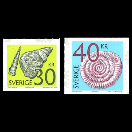 Mollusk and Cuttlefish fossils on stamps of Sweden 2011