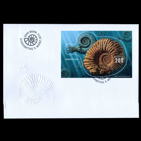 Ammonite fossil on stamp of Switzerland 2015