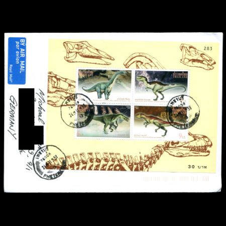 Dinosaur stamps from 1997 on used covers from Thailand