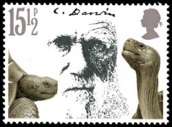 Giant Tortoises and Charles Darwin on stamp of UK 1982