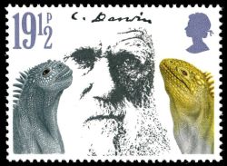 Marine Iguanas and Charles Darwin on stamp of UK 1982