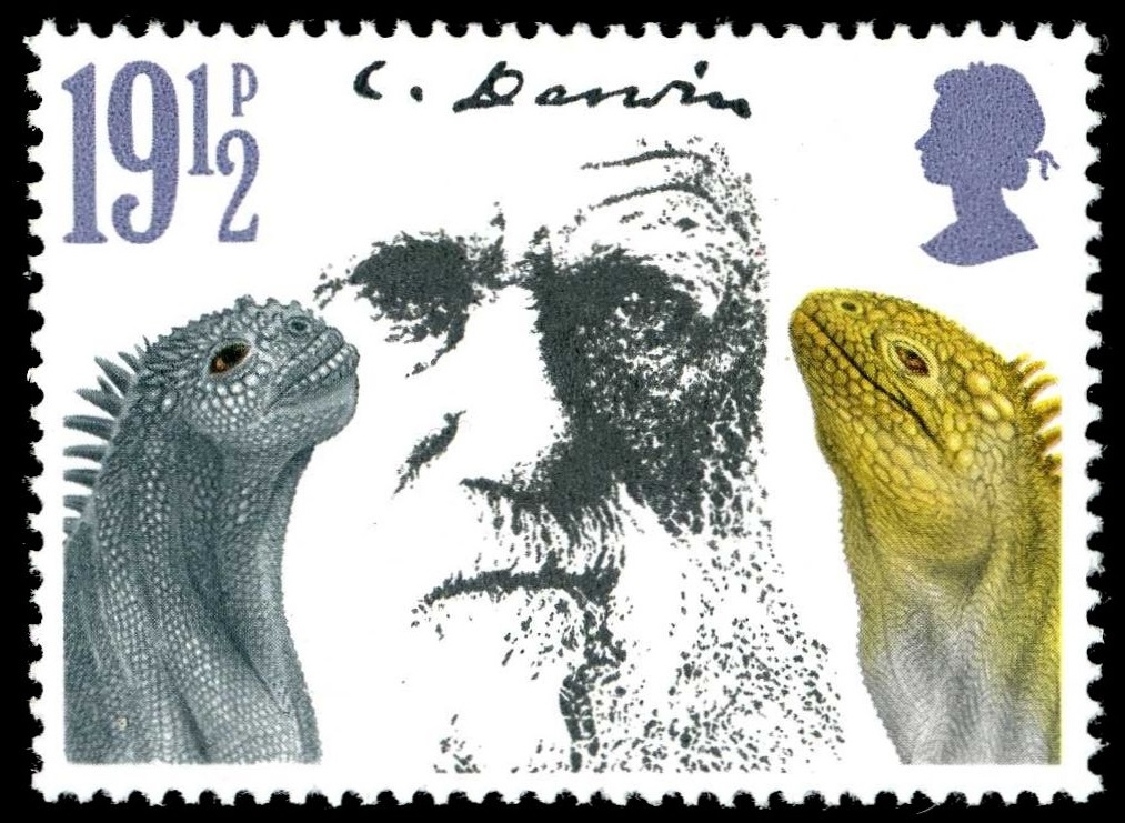 Charles Darwin with two iguanas from the Galapagos islands on stamp of UK 1982
