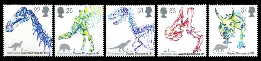 Great Britain Owen's Dinosauria stamps issued August 20, 1991.
