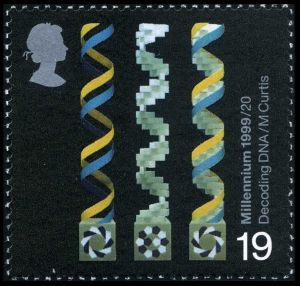 The inspiration for the 19p stamp, designed by Mark Curtis, is the1953 discovery of the structure of DNA by the Cambridge biologists Francis Crick and James Watson - for which they shared the Nobel Prize.