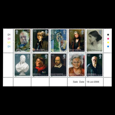 Charles Darwin among other famous personalities on n150th Anniversary of the National Portrait Gallery stamps of UK 2006