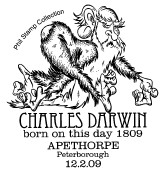 Postmark showing cartoon ape with face of Darwin