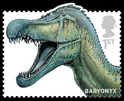 Baryonyx dinosaur on stamp of UK 2013