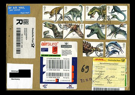 British dinosaur stamps of 2013 on circulated cover