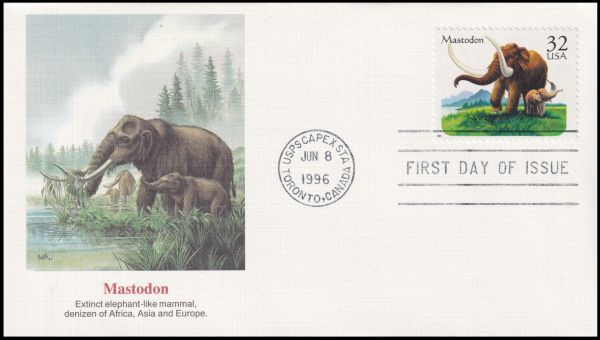 First Day Cover (FDC) produced by Fleetwood for the 1996 U.S. mastodon stamp