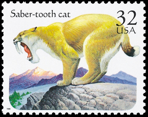 Saber-toothed cat on stamp of USA 1996