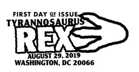 Tyrannosaurus rex skeleton on commemorative postmarks used on ceremony FDC of USA 2019