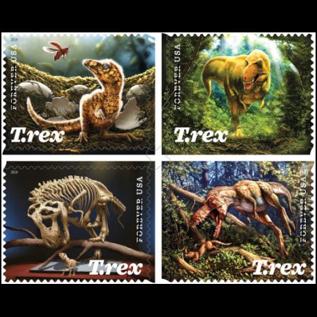 Tyrannosaurus rex on stamps of USA 2019