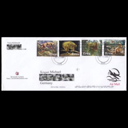 Tyrannosaurus rex stamps of USA 2019 on circulated cover