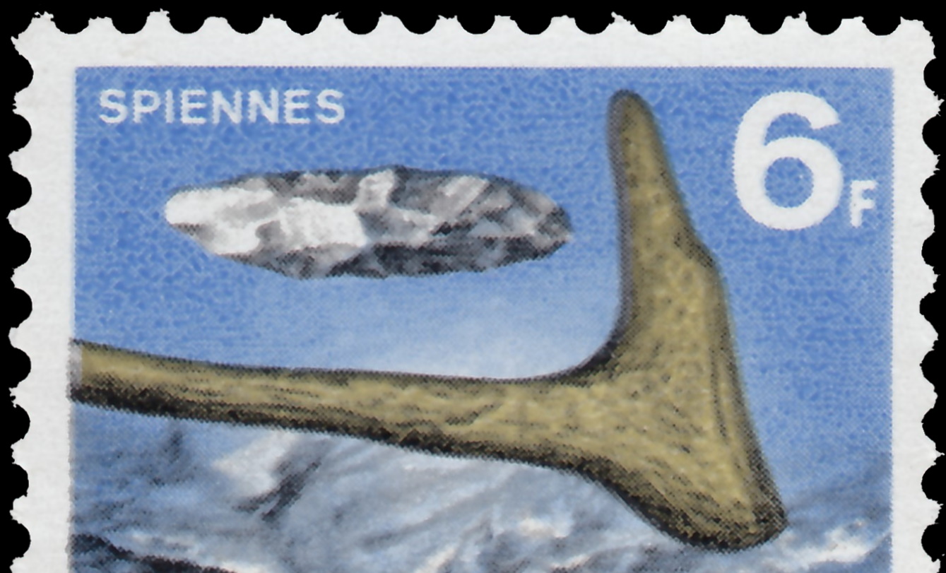 Hand axe and hoe  from Spiennes on the stamp of Belgium 1968