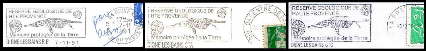 Ammonite and Ichthyosaur from the Géologique de Haute-Provence National Nature Reserve on postmark of France