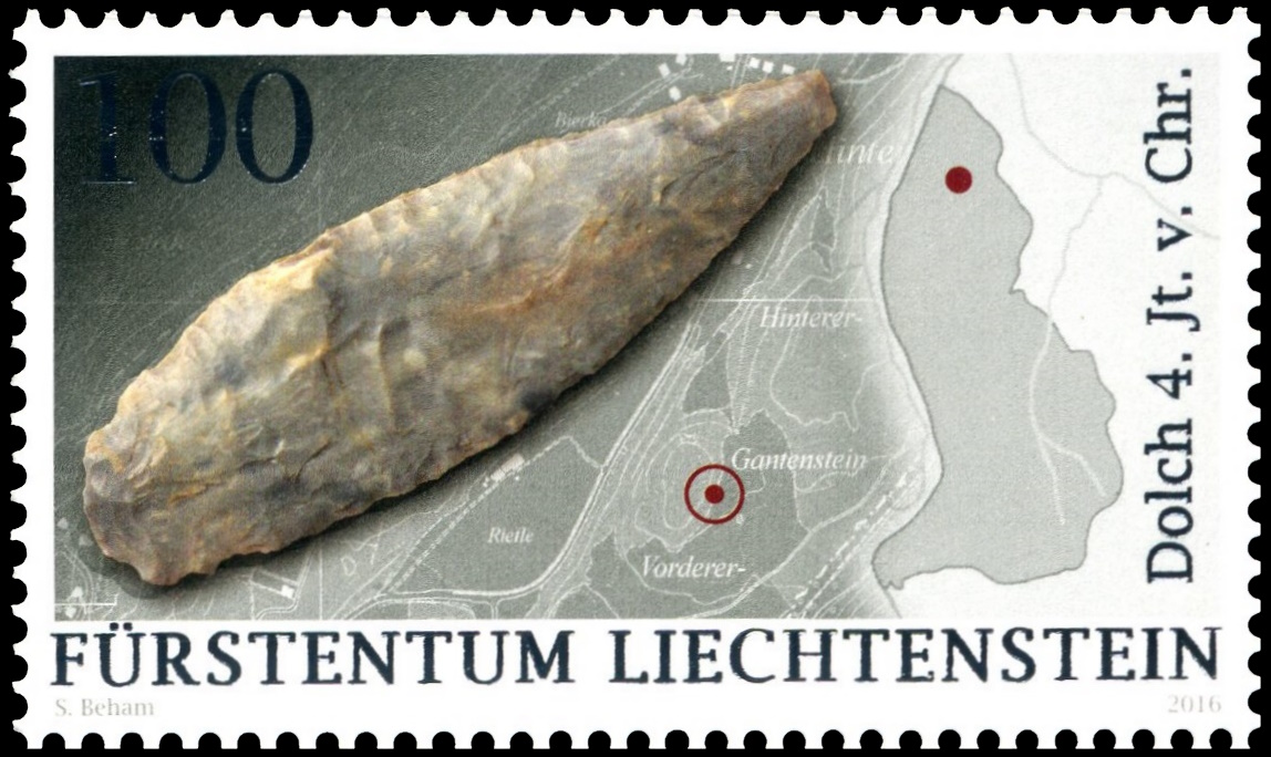 Flint tool on stamp of Liechtenstein
