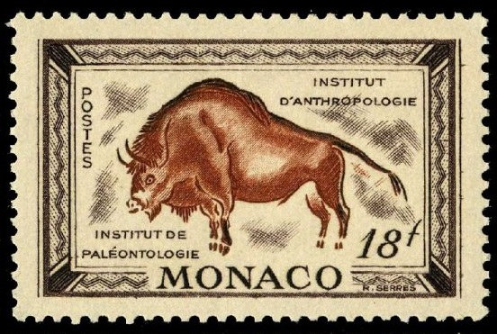 Aurochs on cave painting on stamp of Monaco 1949