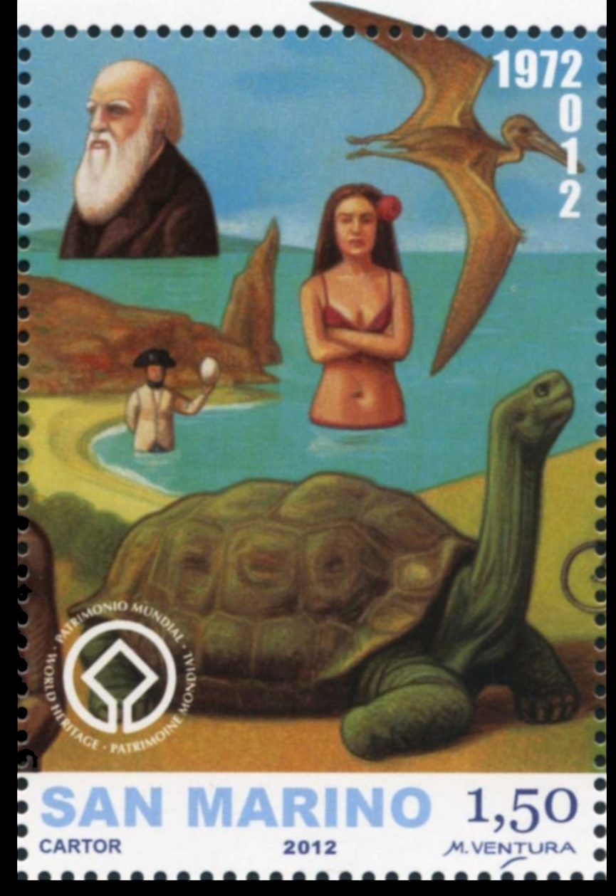 Charles Darwin and Pterosaur on stamp of San Marino