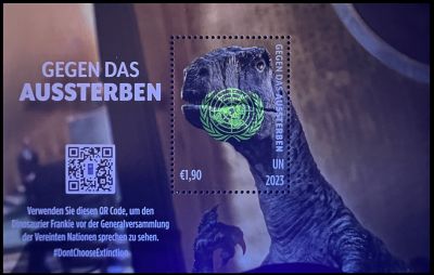Don’t Choose Extinction stamp of UN Postal Administration Vienna  2023, under UV light