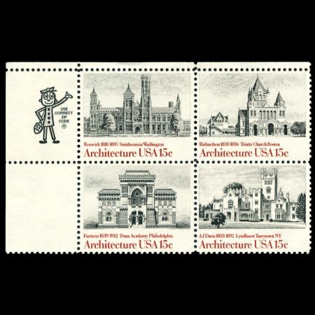 Smithsonian Institution among other famous buildings in American Architecture stamps set of USA 1980