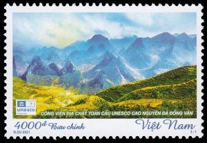Landscape of Dong Van Karst Plateau UNESCO Geopark on stamp of Vietnam 2021