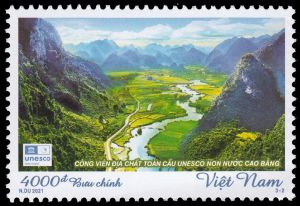 Landscape of Non Nuoc Cao Bang UNESCO Geopark on stamp of Vietnam 2021