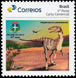 Vespersaurus paranaensis dinosaur on personalized stamp of Brazil 2019