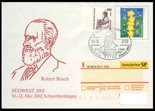 Robert Bosch on commemorative postmark of Germany 2002