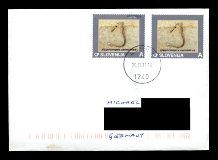 circulated cover with stamps of Slovenia 2014 - Discovery of sea-horse fossil at Kamnik–Savinja Alps
