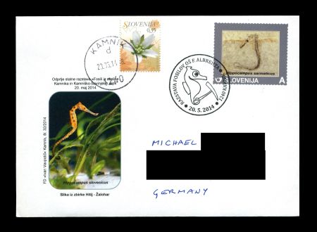 Slovenian circulated FDC 2014 with stamp of Discovery of sea-horse fossil at Kamnik–Savinja Alps