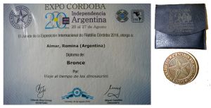 Bronze Medal and Certificate of Romina Aimar for philatelic presentation Viaje al tiempo de los dinosaurios