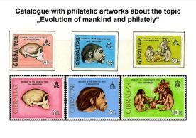 Catalogue with philatelic artworks about the topic Evolution of mankind and philately
