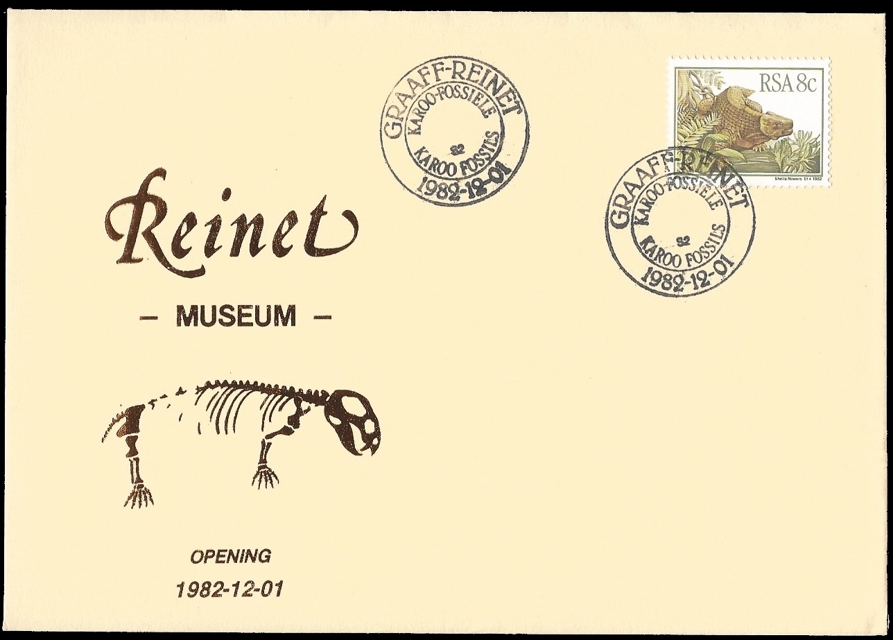 Skeleton of Dicynodont on the cachet of FDC with one of the stamps from prehistoric animals of Karoo formation set of South Africa 1982