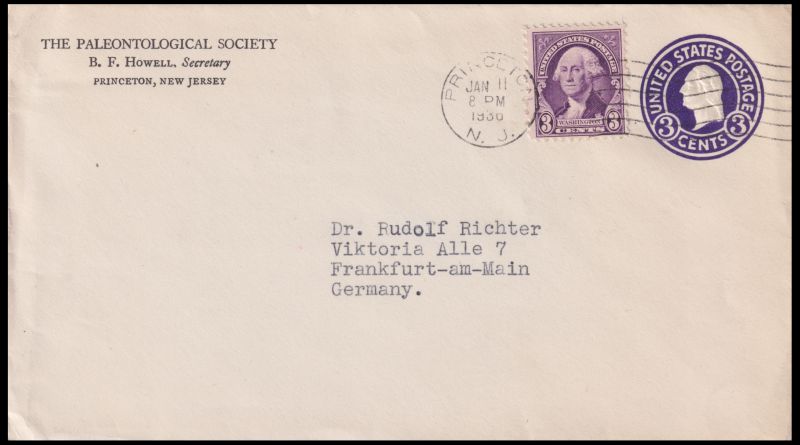 George Washington on imprinted and adhesive stamp on a letter sent from the Paleontological Society of New Jersey in 1936