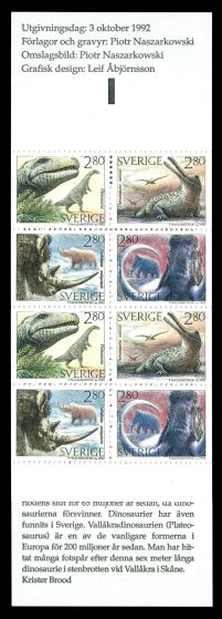 Dinosaur and other prehistoric animals on stamp booklet of Sweden 1992
