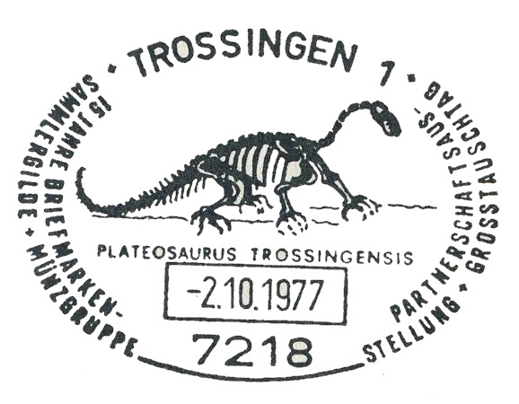 Skeleton of Plateosaurus trossingensis from collection of the Auberlehaus Lore Museum in Trossingen on postmark of Germany 1977