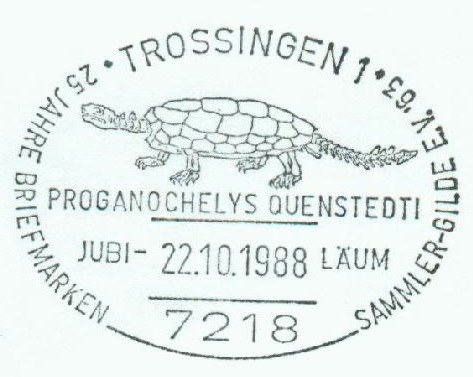 Skeleton of tortoise Proganochelys ouenstedti from collection of the Auberlehaus Lore Museum in Trossingen on postmark of Germany 1988