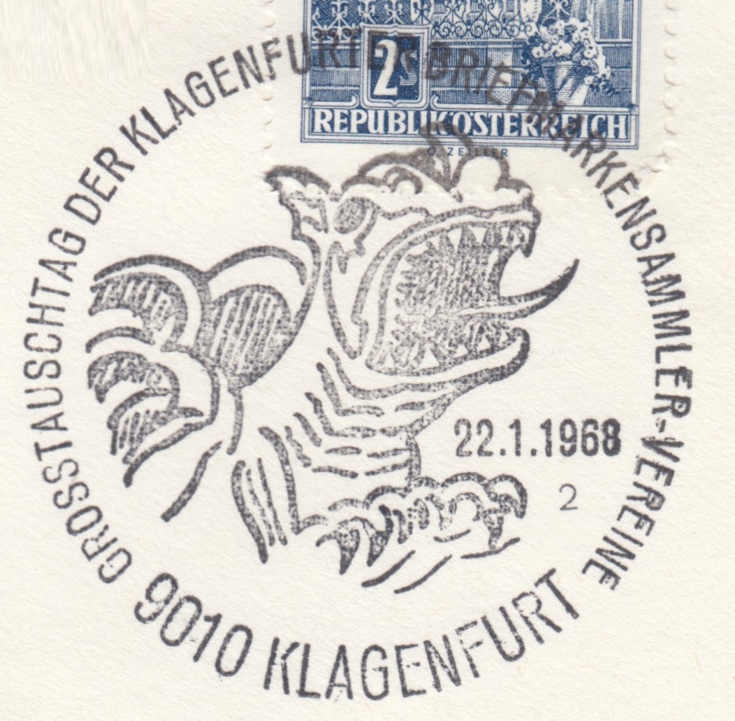 The head of Klagenfurt's dragon sculpture on postmark of Austria 1968