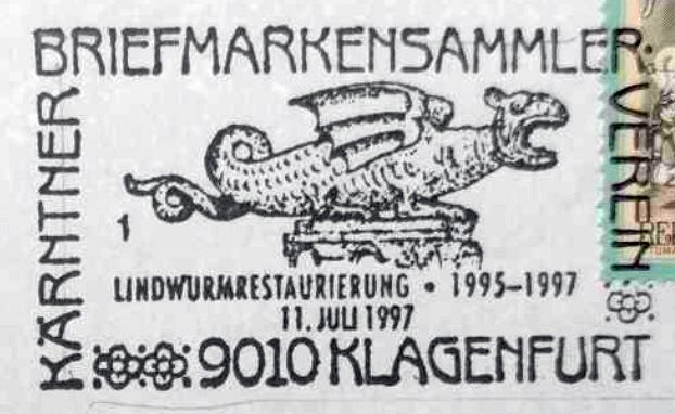The statue of a Lindworm from Klagenfurt on postmark of Austria, 1997