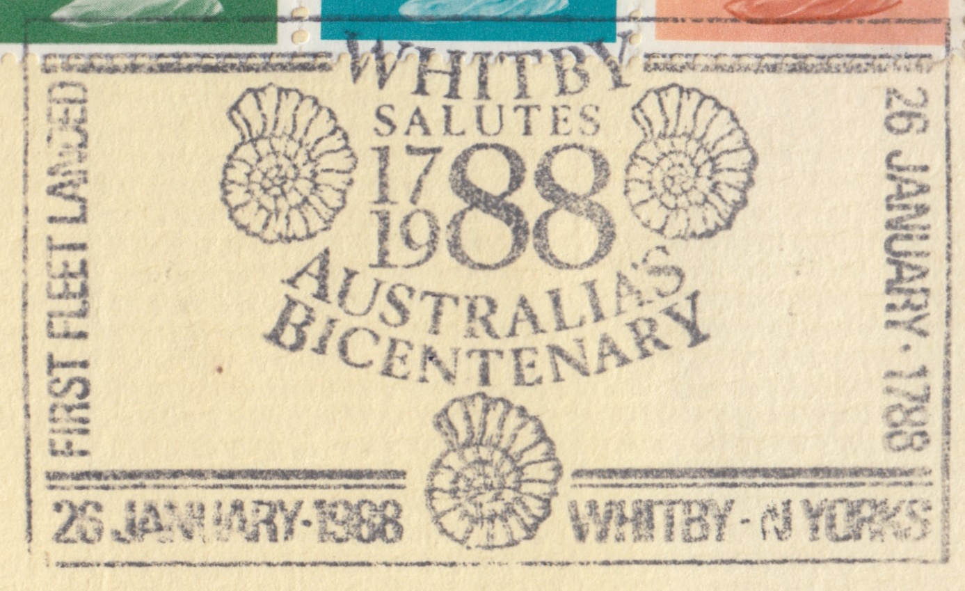 Ammonites on postmark of UK 1988 - Whitby salutes Australia's Bicentenary