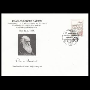 Charles Darwin on commemorative cover of Croatia 1994