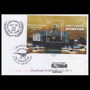 Theropod dinosaur on Don’t Choose Extinction FDC of United Nations - USA 2023