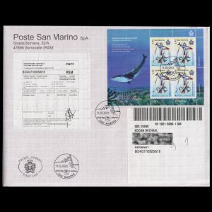 Fossils and reconstruction of prehistoric whale Titanocetus sammarinensis on FDC of San Marino 2025