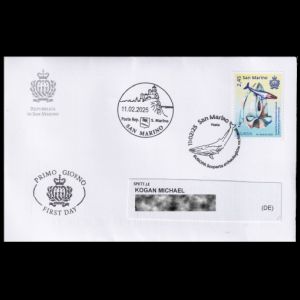 Fossils and reconstruction of prehistoric whale Titanocetus sammarinensis on FDC of San Marino 2025