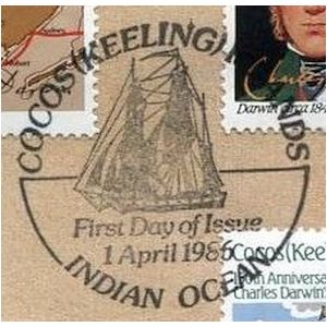 Beagle ship on postmark on Cocos island 1986