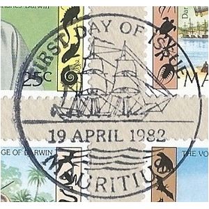 HMS Beagle on commemorative postmark of Mauritius 1982