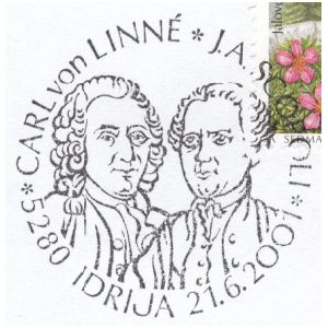 Carl Linne and J.A. Scopoli on commemorative postmark of Slovenia 2001