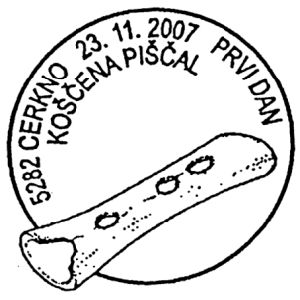 Musical instrument from bone of cave bear on postmark of Slovenia 2007
